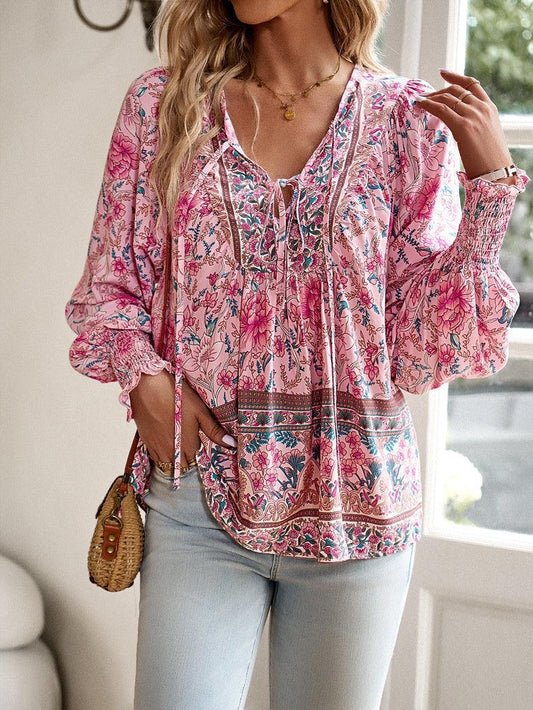Boho Tunika Damen Blumenmuster V-Ausschnitt lange Ärmel Bindung