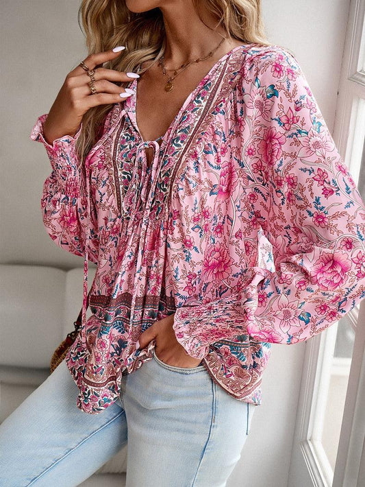 Boho Tunika Damen Blumenmuster V-Ausschnitt lange Ärmel Bindung