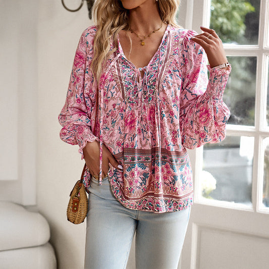 Boho Bluse Damen langarm mit Bindekragen aus leichtem Material